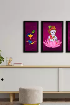 eCraftIndia Set of 3 Lord Krishna Satin Matt Texture UV Art Painting