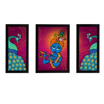 eCraftIndia Set of 3 Lord Krishna Satin Matt Texture UV Art Painting 1