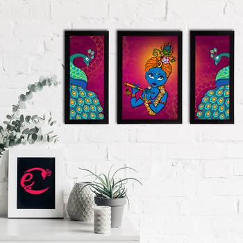 eCraftIndia Set of 3 Lord Krishna Satin Matt Texture UV Art Painting 2