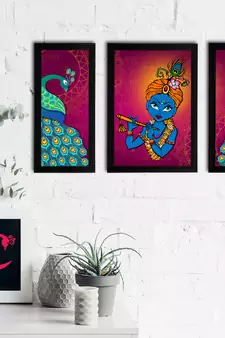 eCraftIndia Set of 3 Lord Krishna Satin Matt Texture UV Art Painting