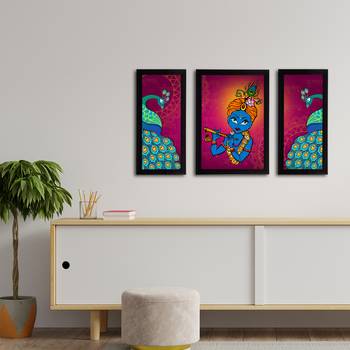 eCraftIndia Set of 3 Lord Krishna Satin Matt Texture UV Art Painting 3