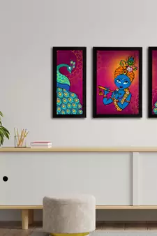 eCraftIndia Set of 3 Lord Krishna Satin Matt Texture UV Art Painting