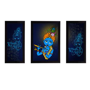 eCraftIndia Set of 3 Lord Krishna Satin Matt Texture UV Art Painting 1
