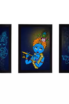 eCraftIndia Set of 3 Lord Krishna Satin Matt Texture UV Art Painting