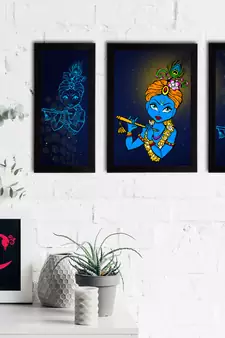 eCraftIndia Set of 3 Lord Krishna Satin Matt Texture UV Art Painting