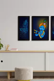 eCraftIndia Set of 3 Lord Krishna Satin Matt Texture UV Art Painting