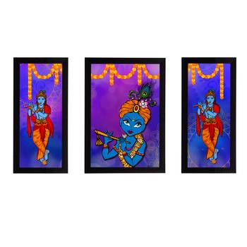 eCraftIndia Set of 3 Lord Krishna Satin Matt Texture UV Art Painting 1