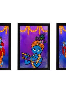 eCraftIndia Set of 3 Lord Krishna Satin Matt Texture UV Art Painting