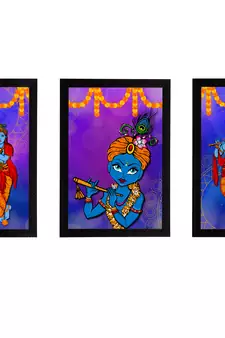 eCraftIndia Set of 3 Lord Krishna Satin Matt Texture UV Art Painting