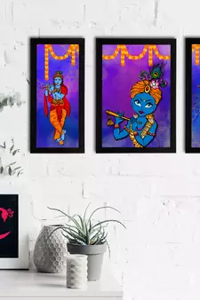 eCraftIndia Set of 3 Lord Krishna Satin Matt Texture UV Art Painting