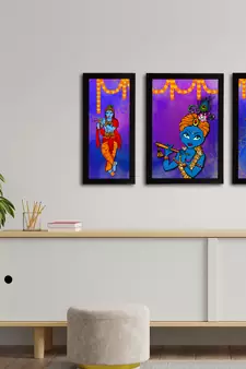 eCraftIndia Set of 3 Lord Krishna Satin Matt Texture UV Art Painting