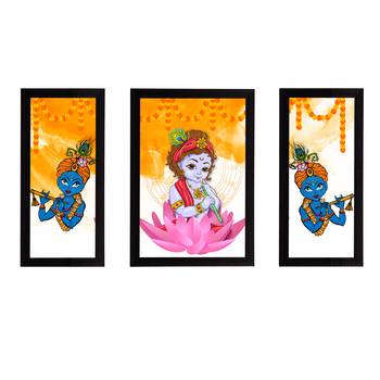 eCraftIndia Set of 3 Lord Krishna Satin Matt Texture UV Art Painting 1