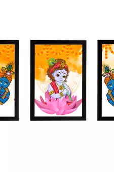 eCraftIndia Set of 3 Lord Krishna Satin Matt Texture UV Art Painting