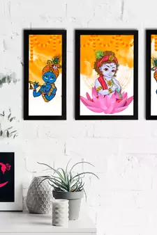 eCraftIndia Set of 3 Lord Krishna Satin Matt Texture UV Art Painting