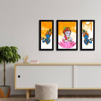 eCraftIndia Set of 3 Lord Krishna Satin Matt Texture UV Art Painting 3
