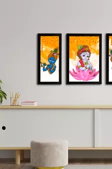 eCraftIndia Set of 3 Lord Krishna Satin Matt Texture UV Art Painting