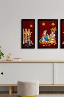 eCraftIndia Set of 3 Radha Krishna Satin Matt Texture UV Art Painting