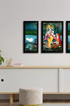 eCraftIndia Set of 3 Radha Krishna Satin Matt Texture UV Art Painting