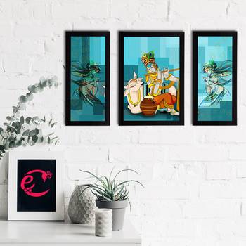 eCraftIndia Set of 3 Lord Krishna Satin Matt Texture UV Art Painting 2