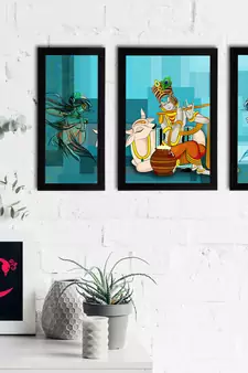 eCraftIndia Set of 3 Lord Krishna Satin Matt Texture UV Art Painting