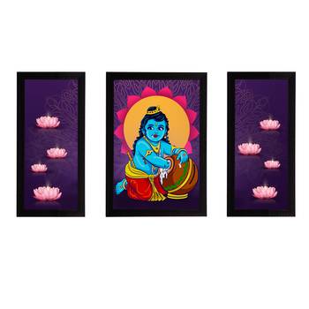eCraftIndia Set of 3 Lord Krishna Satin Matt Texture UV Art Painting 1