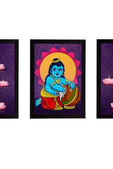 eCraftIndia Set of 3 Lord Krishna Satin Matt Texture UV Art Painting