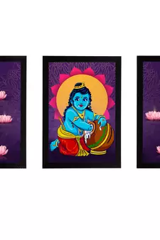 eCraftIndia Set of 3 Lord Krishna Satin Matt Texture UV Art Painting