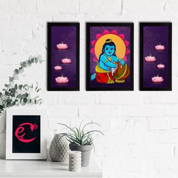 eCraftIndia Set of 3 Lord Krishna Satin Matt Texture UV Art Painting 2