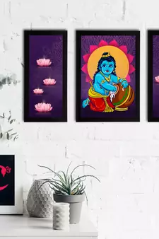 eCraftIndia Set of 3 Lord Krishna Satin Matt Texture UV Art Painting