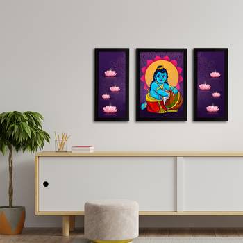 eCraftIndia Set of 3 Lord Krishna Satin Matt Texture UV Art Painting 3