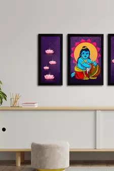 eCraftIndia Set of 3 Lord Krishna Satin Matt Texture UV Art Painting
