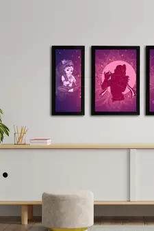 eCraftIndia Set of 3 Lord Krishna Satin Matt Texture UV Art Painting