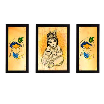 eCraftIndia Set of 3 Lord Krishna Satin Matt Texture UV Art Painting 1