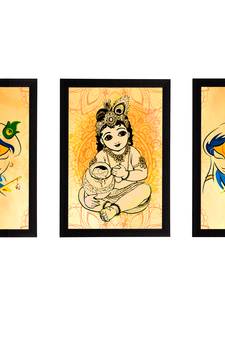 eCraftIndia Set of 3 Lord Krishna Satin Matt Texture UV Art Painting