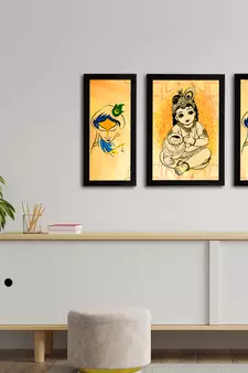 eCraftIndia Set of 3 Lord Krishna Satin Matt Texture UV Art Painting
