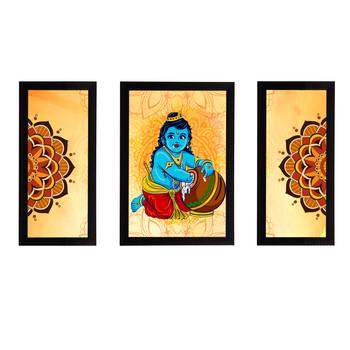 eCraftIndia Set of 3 Lord Krishna Satin Matt Texture UV Art Painting 1