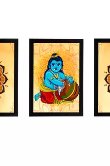 eCraftIndia Set of 3 Lord Krishna Satin Matt Texture UV Art Painting