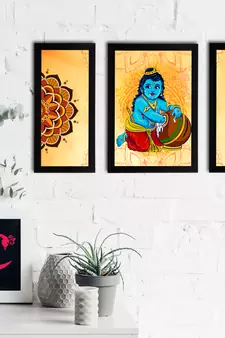 eCraftIndia Set of 3 Lord Krishna Satin Matt Texture UV Art Painting