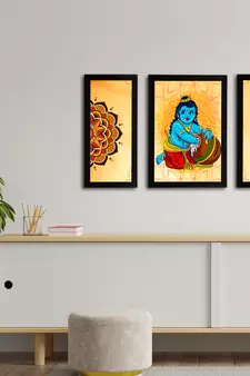 eCraftIndia Set of 3 Lord Krishna Satin Matt Texture UV Art Painting