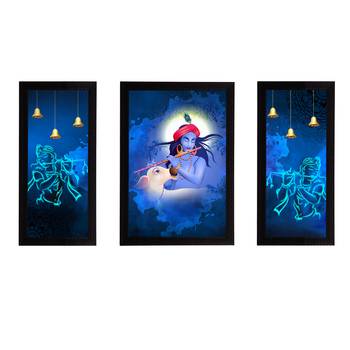 eCraftIndia Set of 3 Lord Krishna Satin Matt Texture UV Art Painting 1