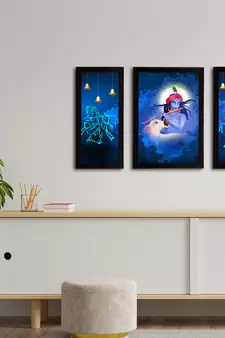 eCraftIndia Set of 3 Lord Krishna Satin Matt Texture UV Art Painting