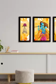 eCraftIndia Set of 3 Lord Krishna Satin Matt Texture UV Art Painting