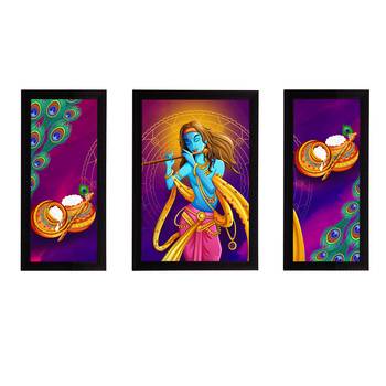 eCraftIndia Set of 3 Lord Krishna Satin Matt Texture UV Art Painting 1
