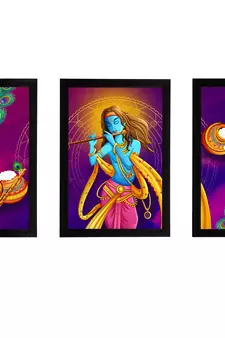 eCraftIndia Set of 3 Lord Krishna Satin Matt Texture UV Art Painting