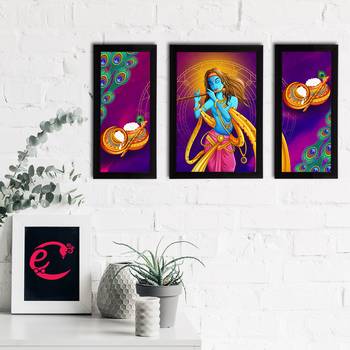 eCraftIndia Set of 3 Lord Krishna Satin Matt Texture UV Art Painting 2