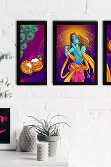 eCraftIndia Set of 3 Lord Krishna Satin Matt Texture UV Art Painting