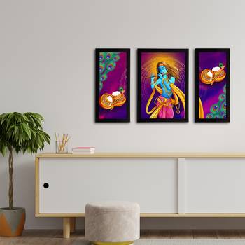 eCraftIndia Set of 3 Lord Krishna Satin Matt Texture UV Art Painting 3