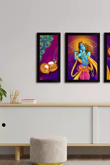eCraftIndia Set of 3 Lord Krishna Satin Matt Texture UV Art Painting