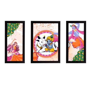 eCraftIndia Set of 3 Lord Krishna Satin Matt Texture UV Art Painting 1