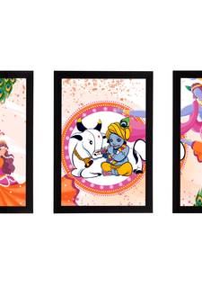 eCraftIndia Set of 3 Lord Krishna Satin Matt Texture UV Art Painting